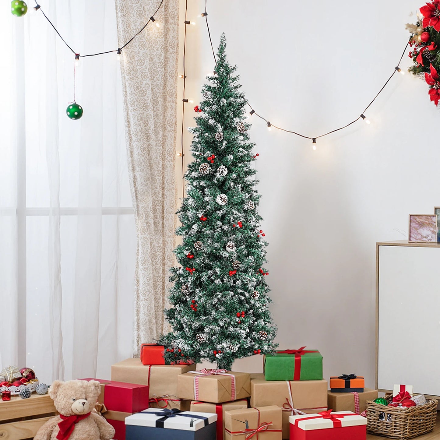 7.5 Ft Pre-Decorated Pencil Christmas Tree Pre-Lit Holiday Tree with Clear Lights Collapsible for Easy Storage 41 Pine cones+40 Red Fruit 955 PVC Flocked Frosted Tips 400 LED Warm White Lights Include