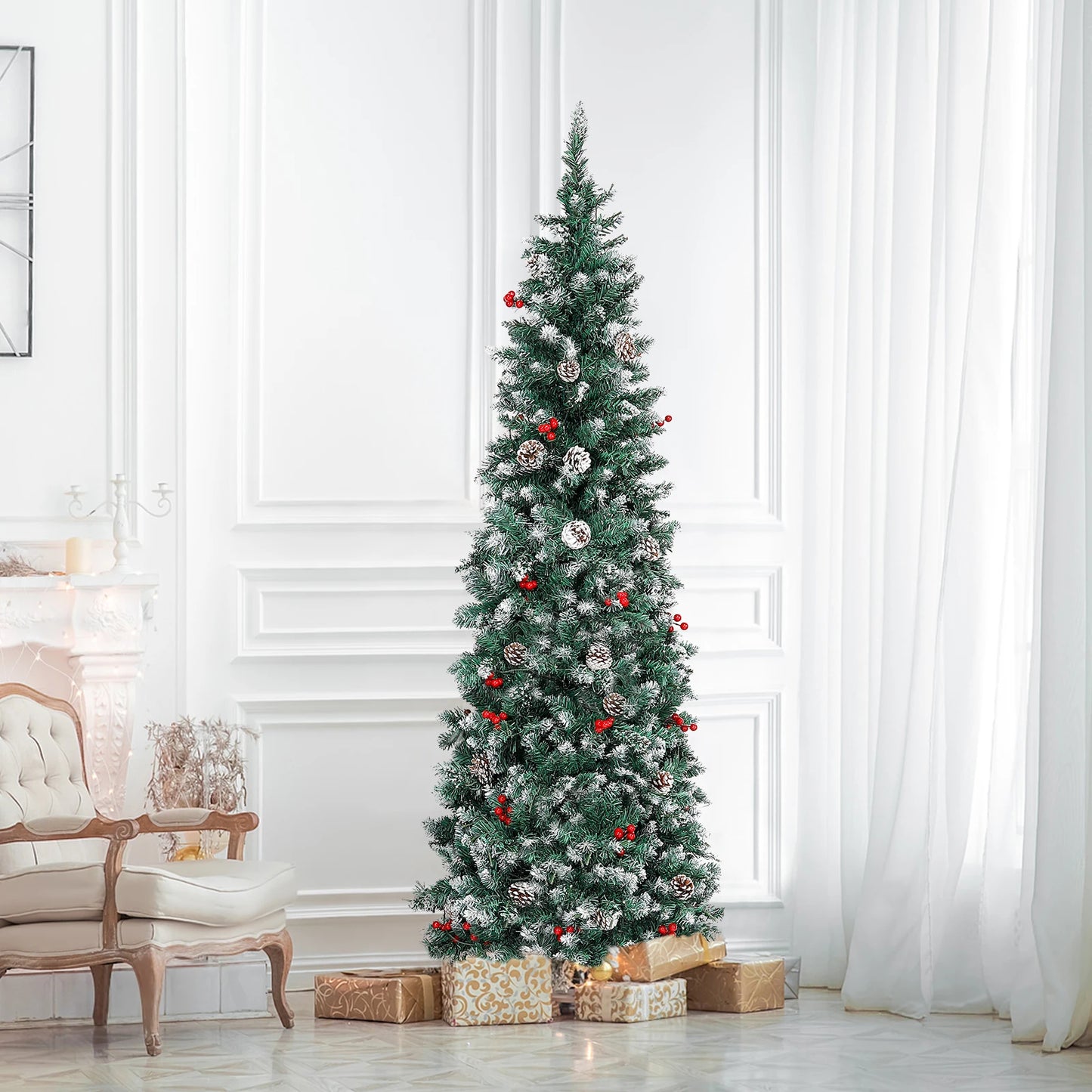 7.5 Ft Pre-Decorated Pencil Christmas Tree Pre-Lit Holiday Tree with Clear Lights Collapsible for Easy Storage 41 Pine cones+40 Red Fruit 955 PVC Flocked Frosted Tips 400 LED Warm White Lights Include