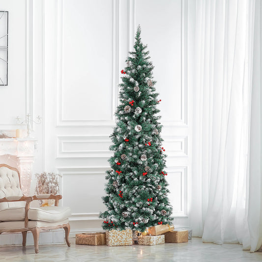 7.5 Ft Pre-Decorated Pencil Christmas Tree Pre-Lit Holiday Tree with Clear Lights Collapsible for Easy Storage 41 Pine cones+40 Red Fruit 955 PVC Flocked Frosted Tips 400 LED Warm White Lights Include