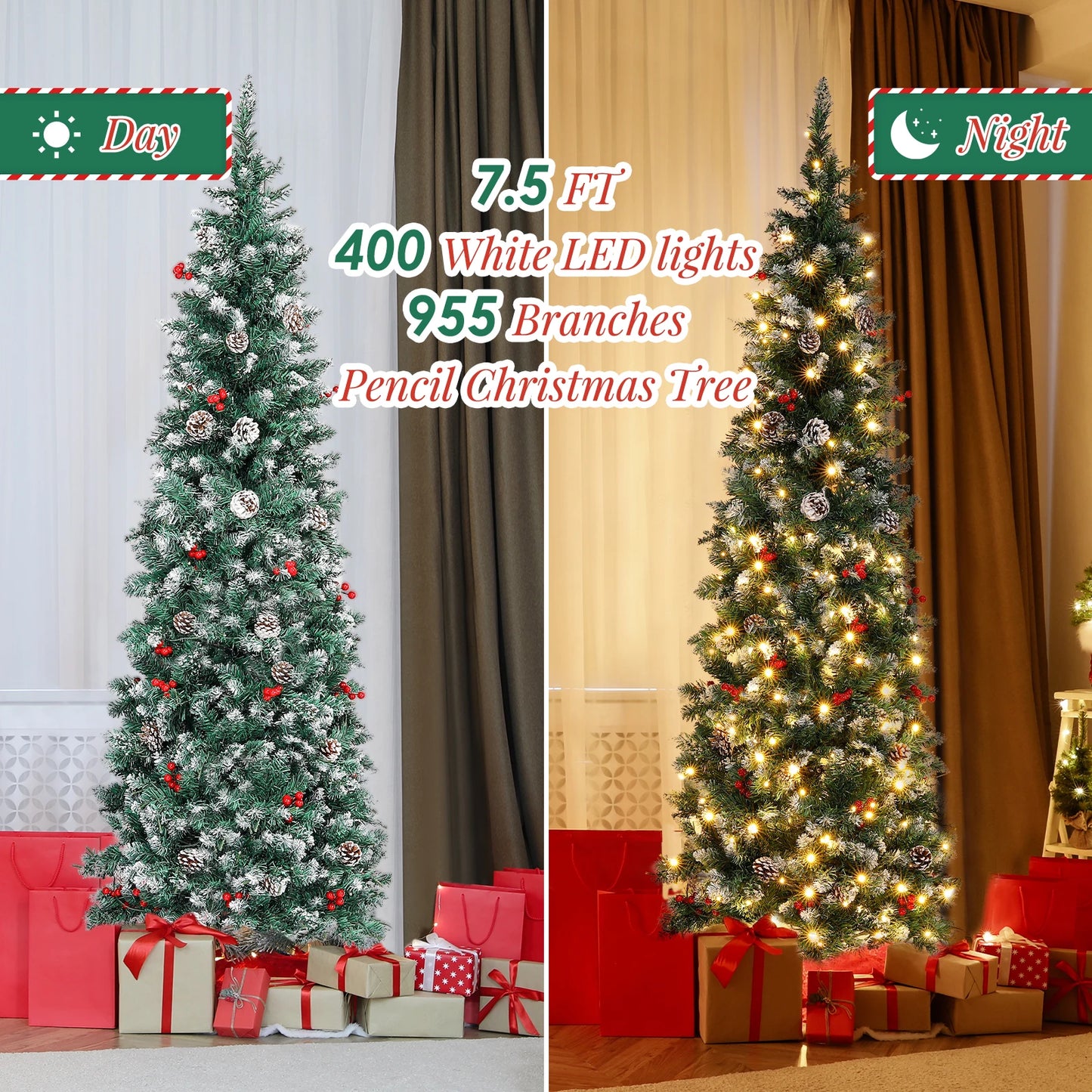 7.5 Ft Pre-Decorated Pencil Christmas Tree Pre-Lit Holiday Tree with Clear Lights Collapsible for Easy Storage 41 Pine cones+40 Red Fruit 955 PVC Flocked Frosted Tips 400 LED Warm White Lights Include